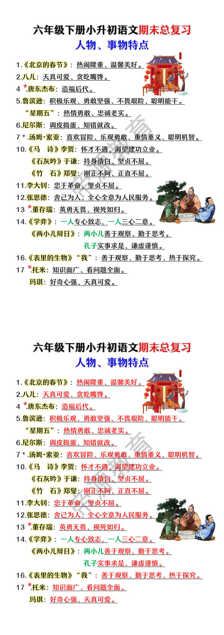 六年级下册小升初语文期末总复习人物、事物特点