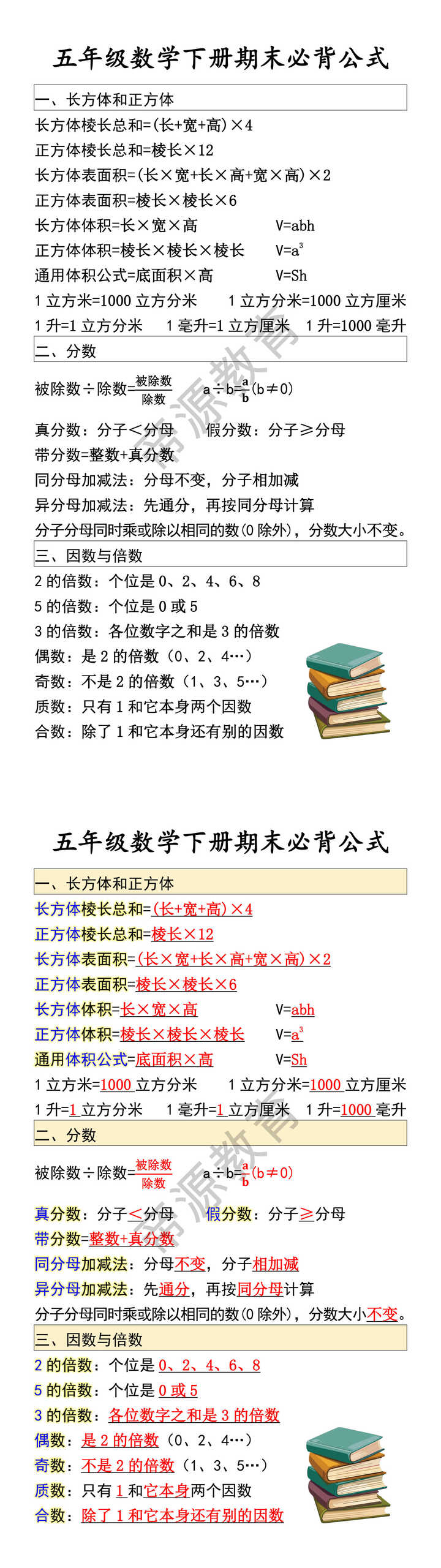 五年级数学下册期末必背公式