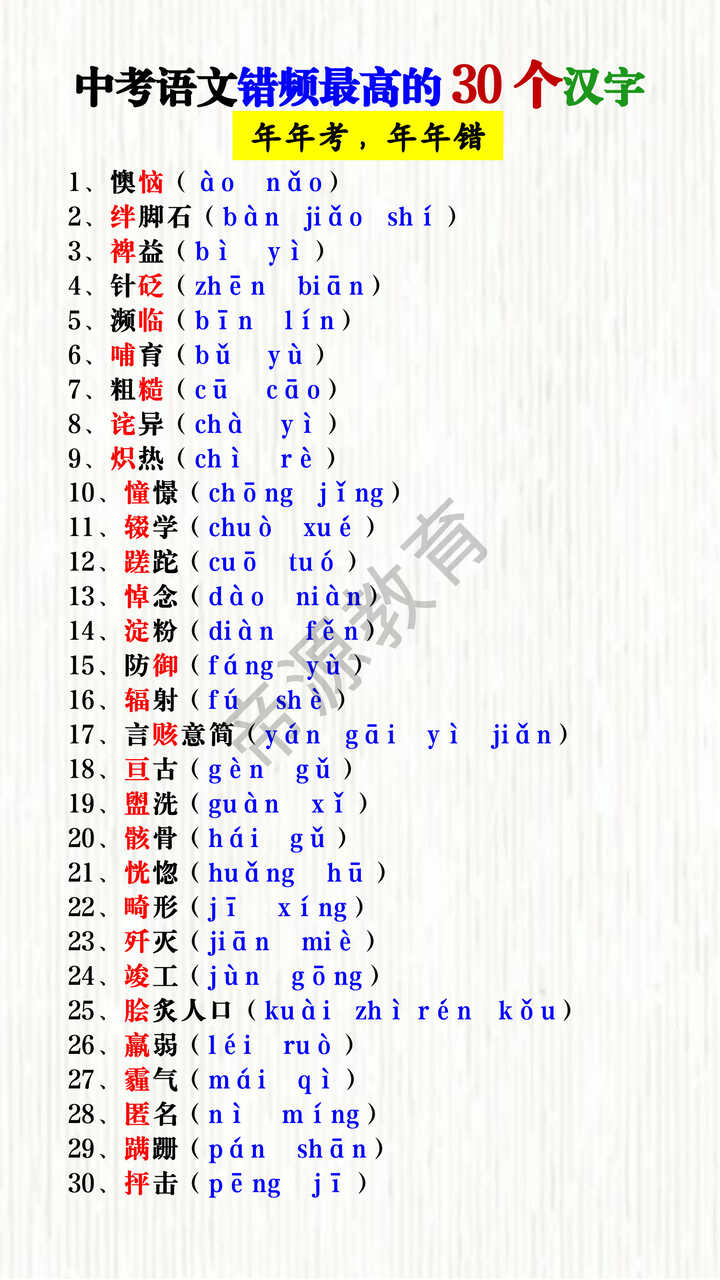 中考语文错频最高的30个汉字