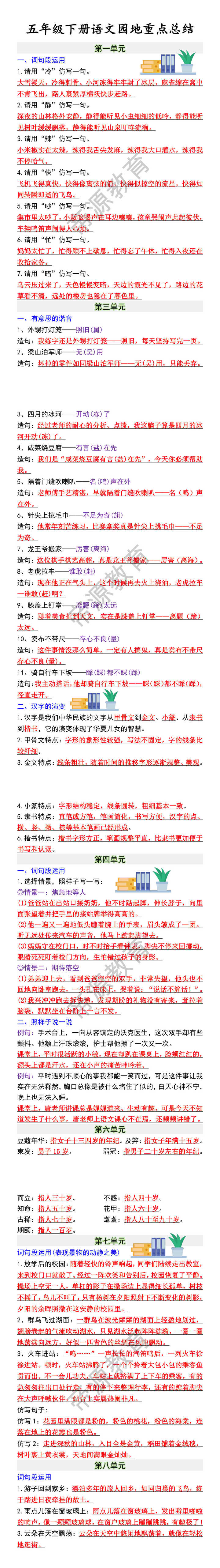 五年级下册语文园地重点总结 五年级下册语文园地重点总结