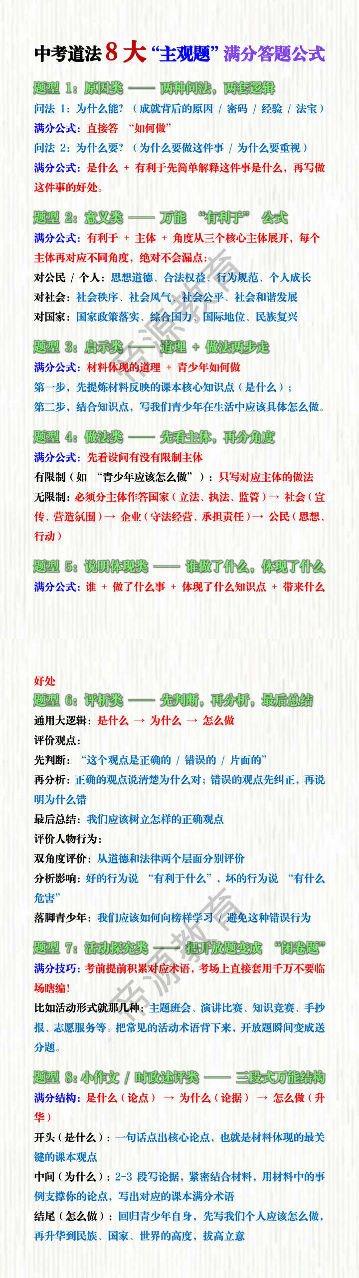 中考道法8大“主观题”满分答题公式 中考道法8大“主观题”满分答题公式