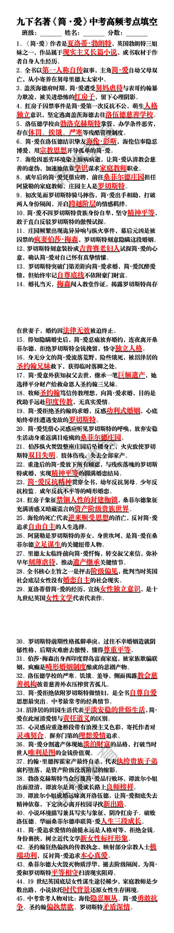 九下名著《简·爱》中考高频考点填空