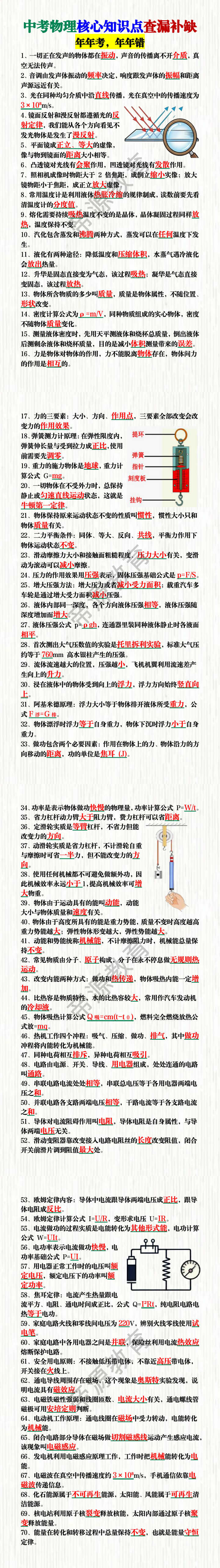 中考物理核心知识点查漏补缺