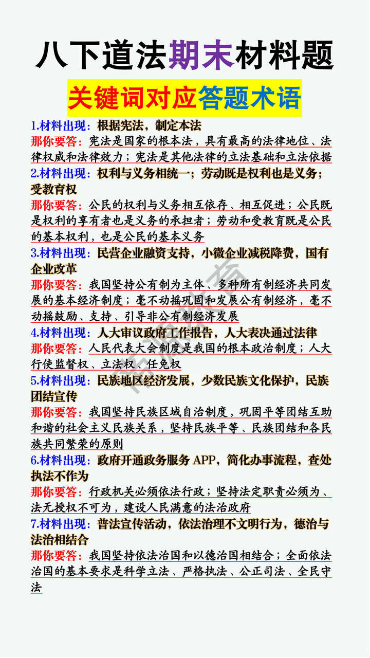 八年级下册道法期末材料题关键词对应答题术语