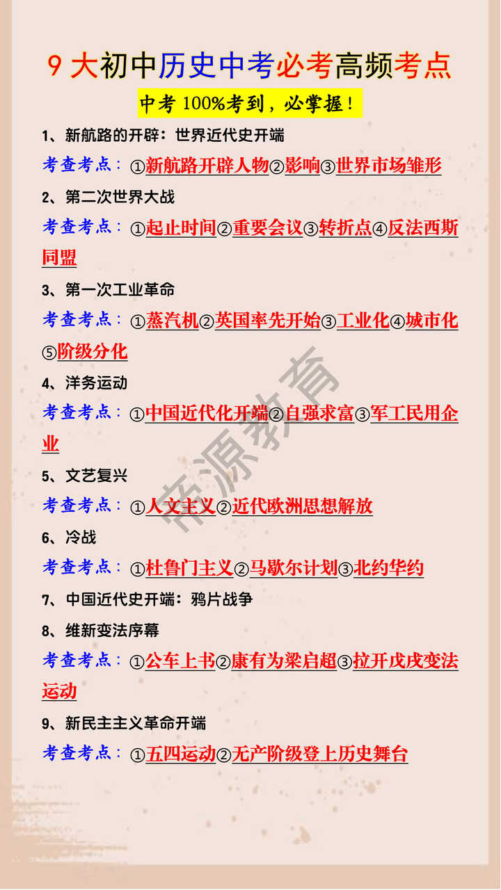 9大初中历史中考必考高频考点