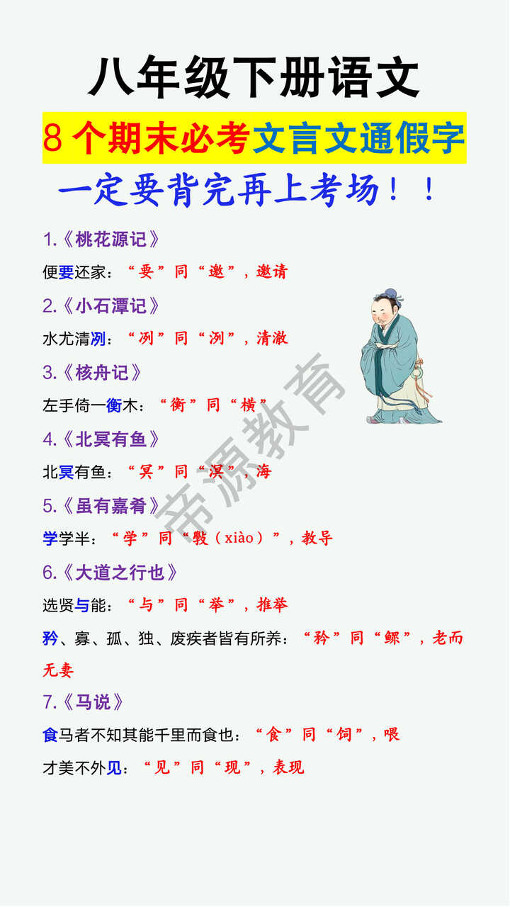 八年级下册语文8个期末必考文言文通假字 八年级下册语文8个期末必考文言文通假字