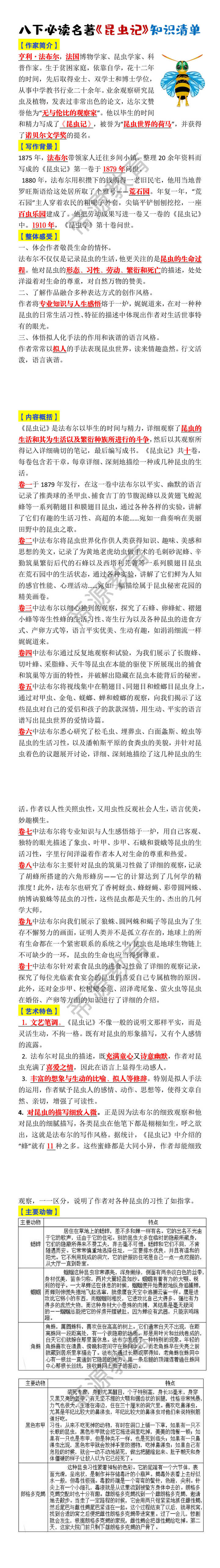 八下语文必读名著《昆虫记》知识清单