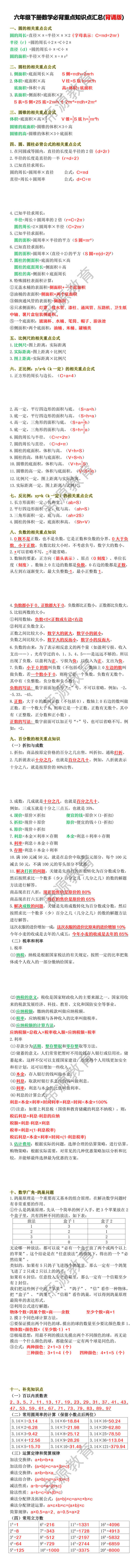 六年级下册数学必背重点知识点汇总(背诵版) 六年级下册数学必背重点知识点汇总(背诵版)