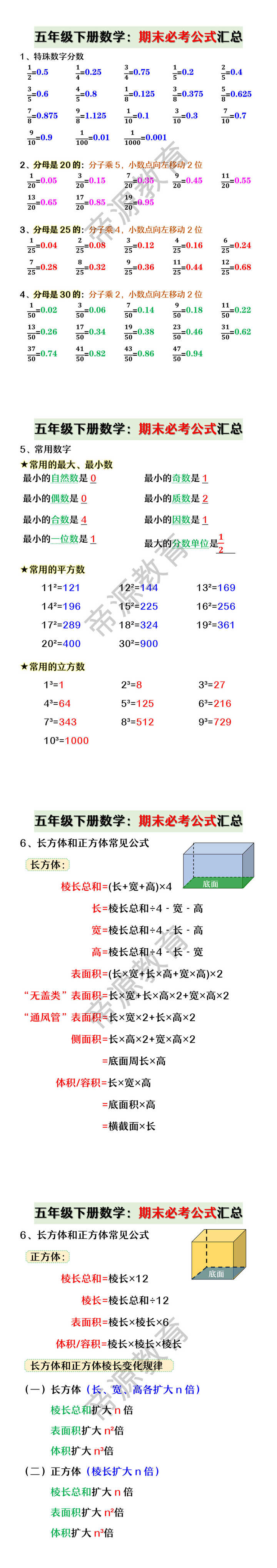 五年级下册数学：期末必考公式汇总