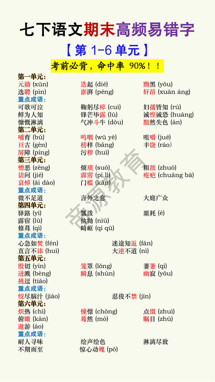 七年级下册语文期末高频易错字 七年级下册语文期末高频易错字