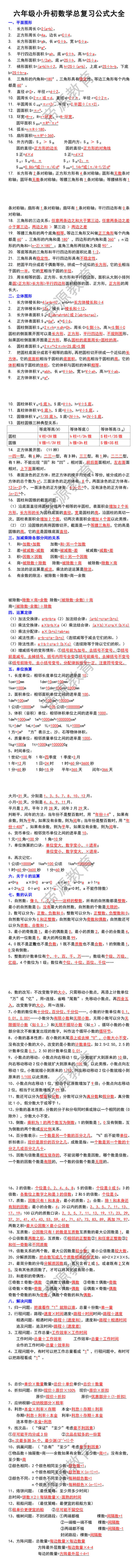 六年级小升初数学总复习公式大全 六年级小升初数学总复习公式大全