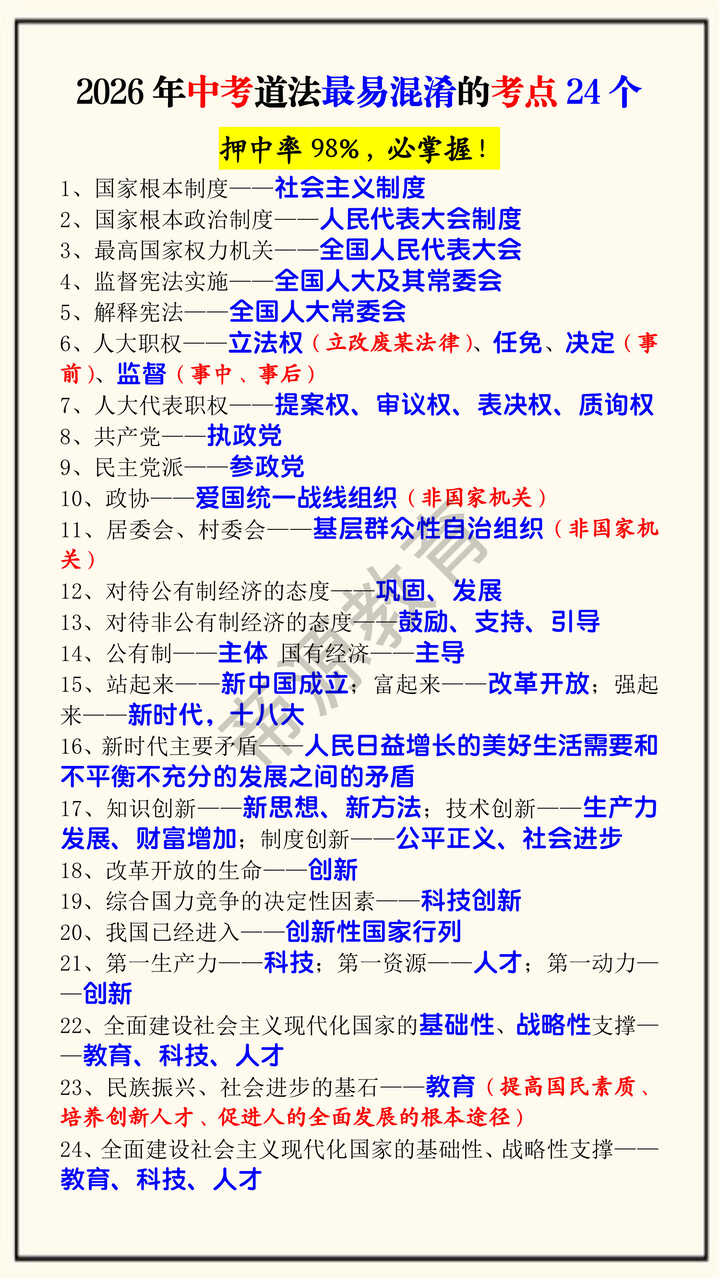 2026年中考道法最易混淆的考点24个 2026年中考道法最易混淆的考点24个