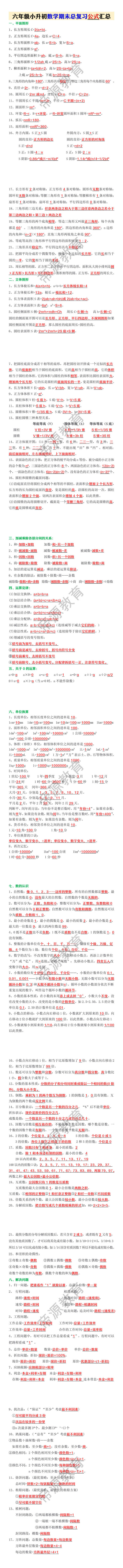 六年级小升初数学期末总复习公式汇总