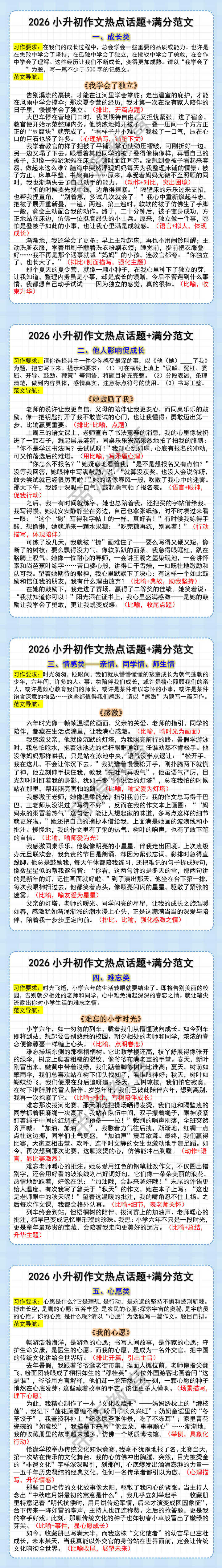2026小升初作文热点话题+满分范文 2026小升初作文热点话题+满分范文