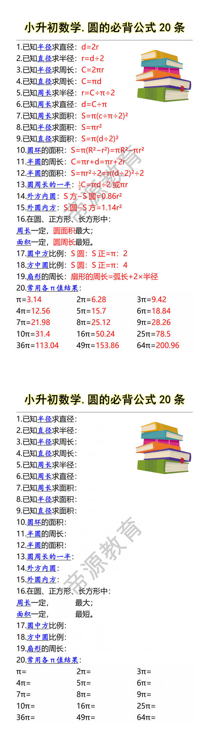 小升初数学.圆的必背公式20条