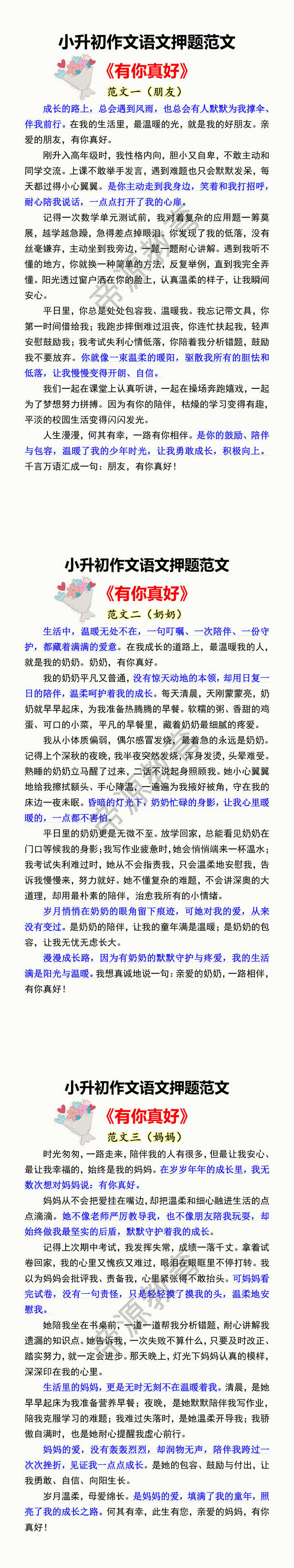 小升初作文语文押题范文 《有你真好》 小升初作文语文押题范文 《有你真好》