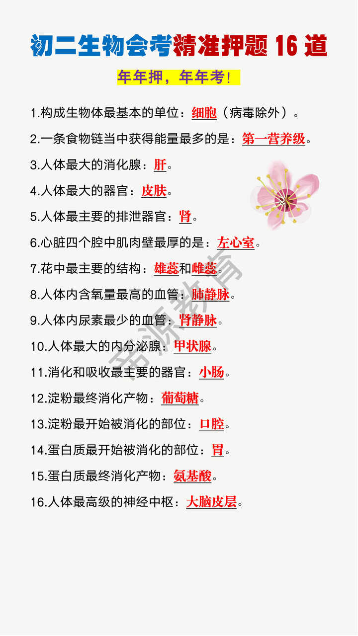 初二生物会考精准押题16道