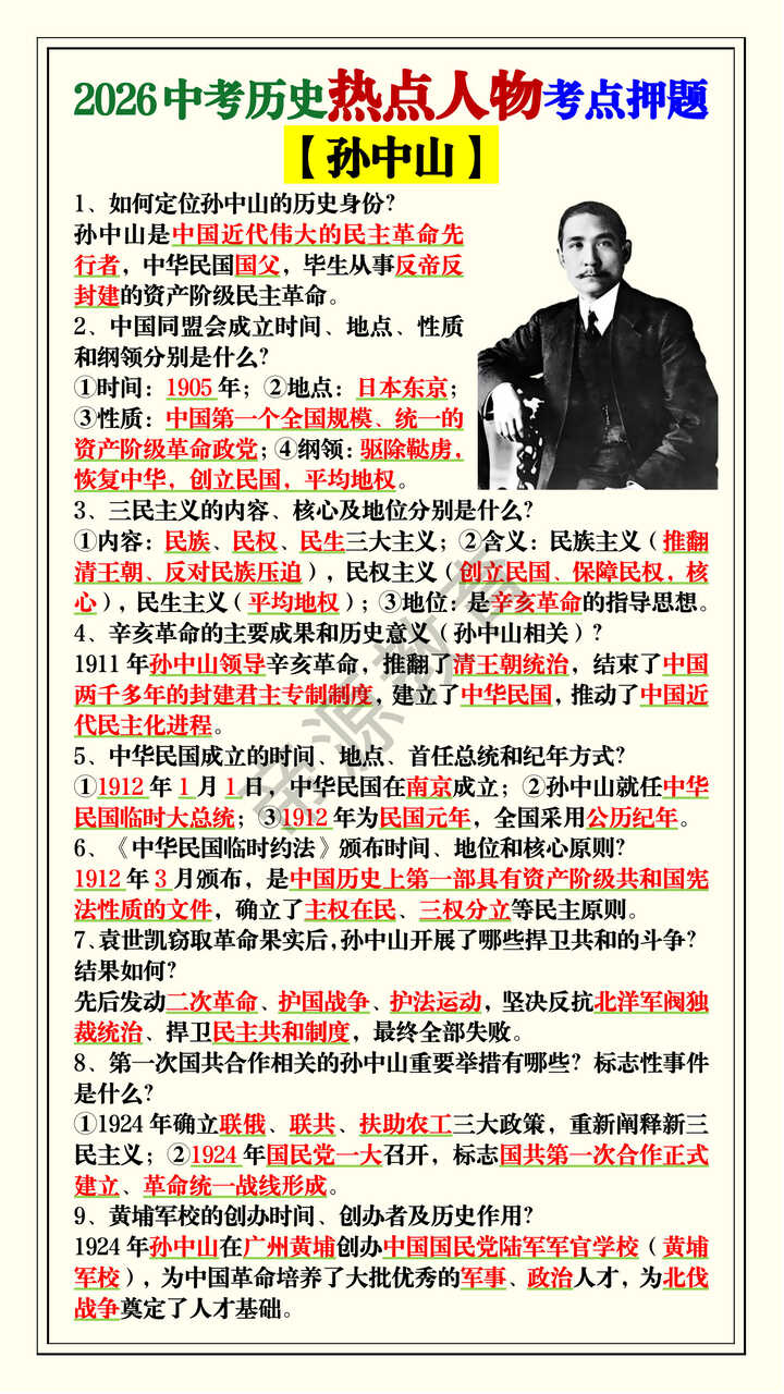 2026中考历史热点人物【孙中山】考点押题 2026中考历史热点人物【孙中山】考点押题