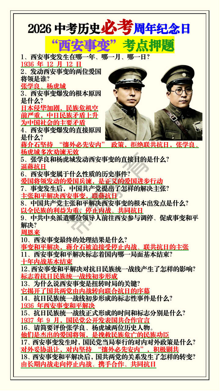 2026中考历史必考周年纪念日“西安事变”考点押题 2026中考历史必考周年纪念日“西安事变”考点押题