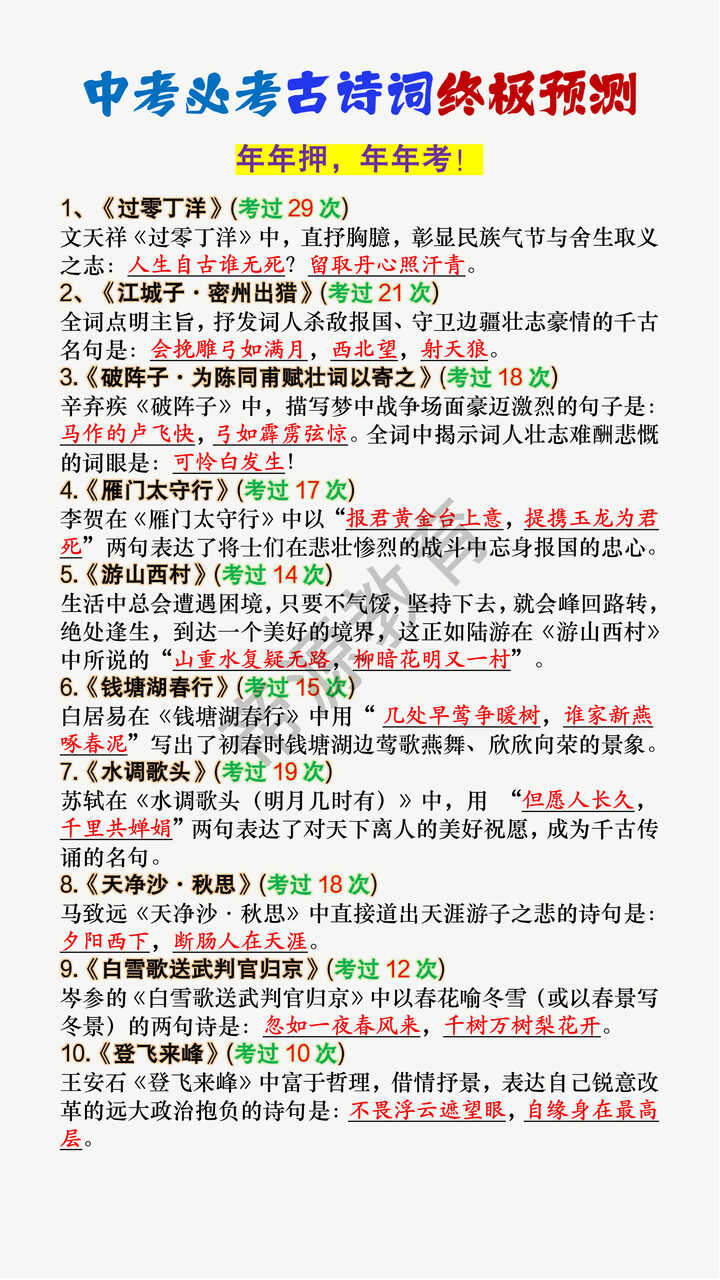 中考必考古诗词终极预测 中考必考古诗词终极预测