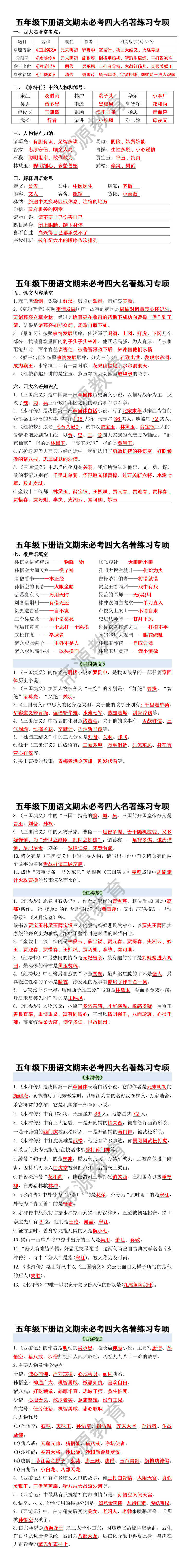五年级下册语文期末必考四大名著练习专项 五年级下册语文期末必考四大名著练习专项