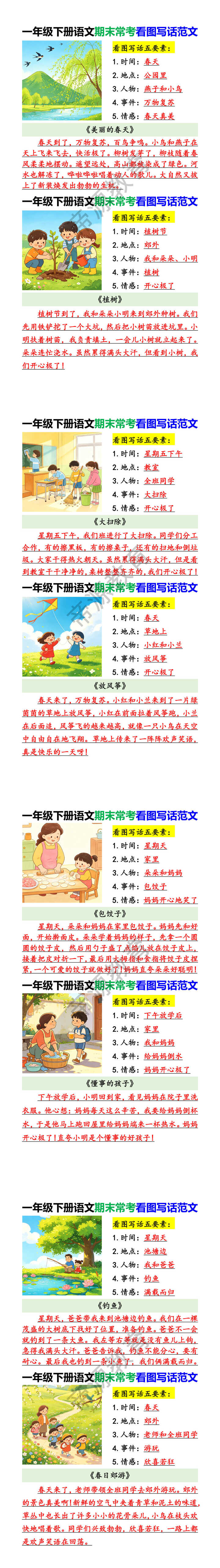 一年级下册语文期末常考看图写话范文