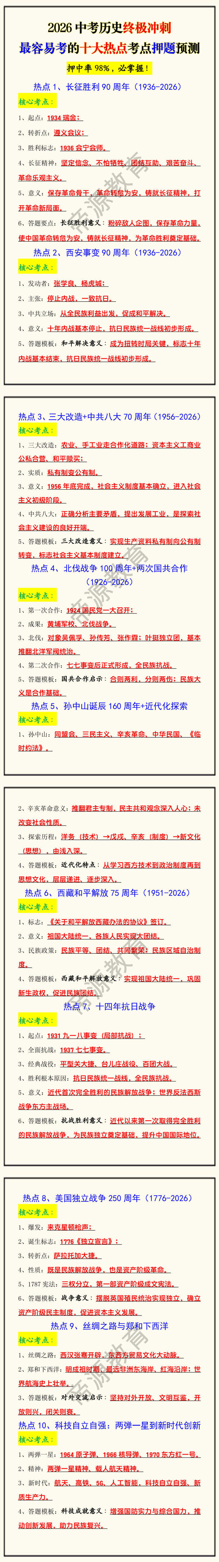 2026中考历史终极冲刺最容易考的十大热点考点押题预测