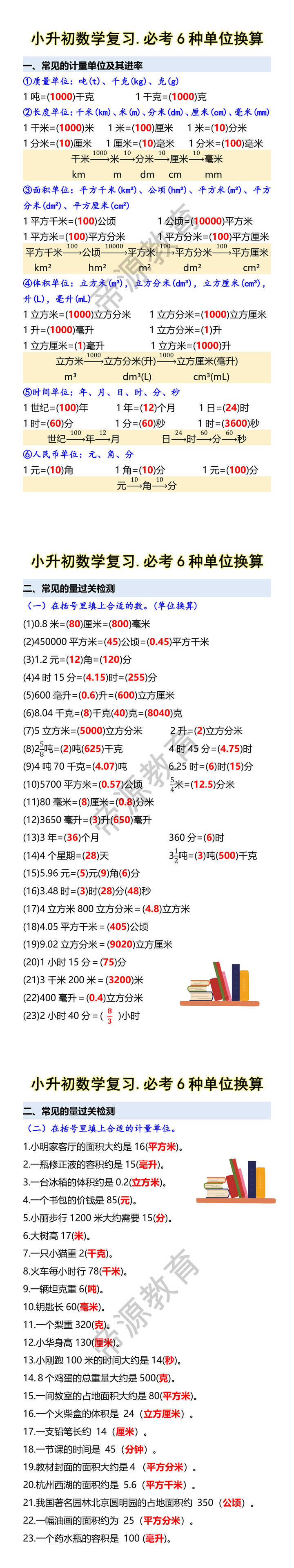 小升初数学复习.必考6种单位换算 小升初数学复习.必考6种单位换算