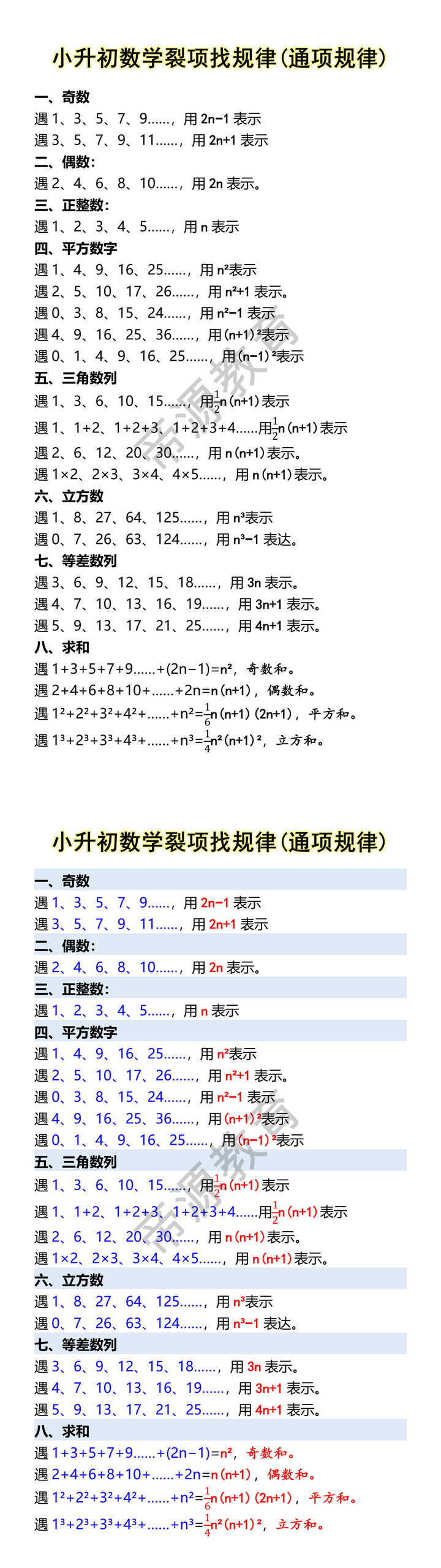 小升初数学裂项找规律(通项规律)