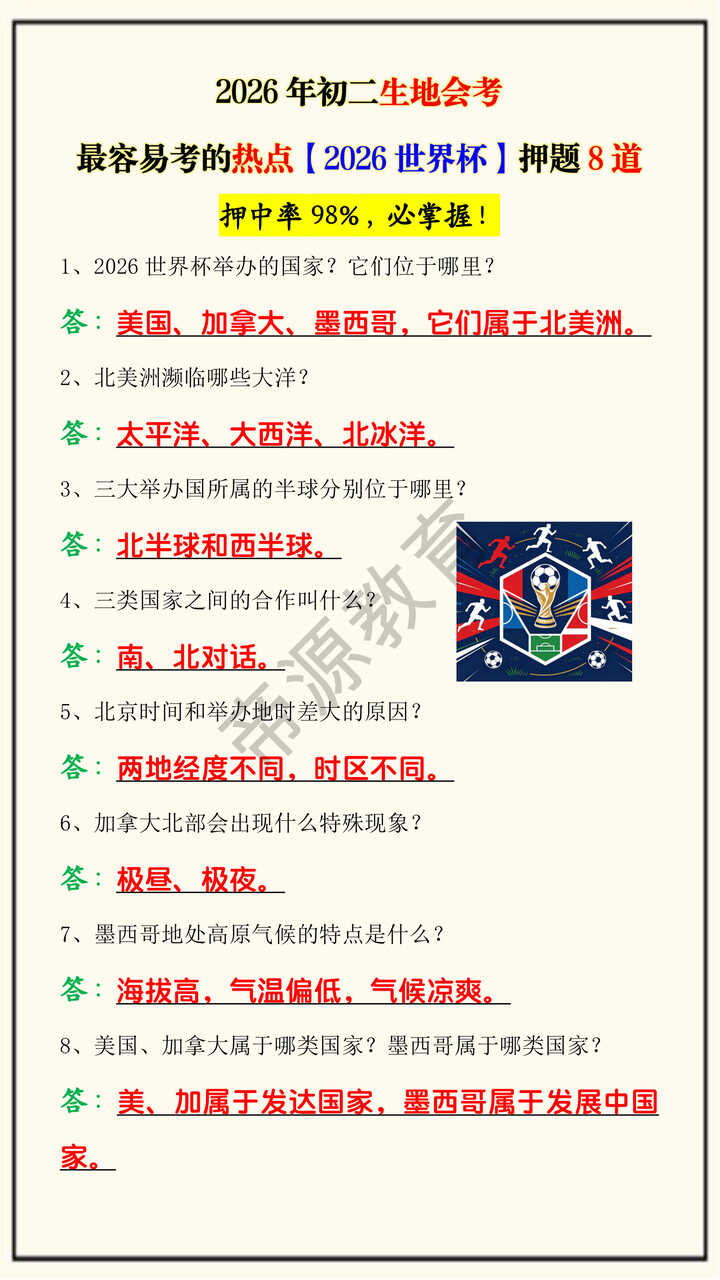 2026年初二生地会考最容易考的热点【2026世界杯】押题8道 2026年初二生地会考最容易考的热点【2026世界杯】押题8道