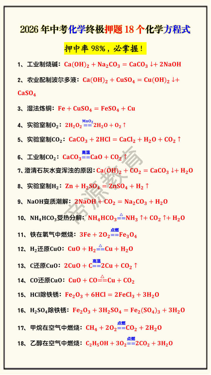 2026年中考化学终极押题18个化学方程式