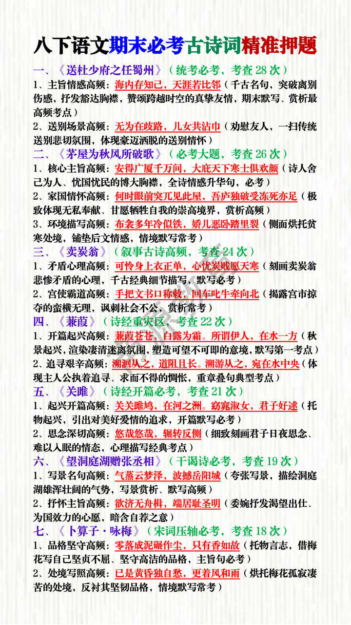 八下语文期末必考古诗词精准押题