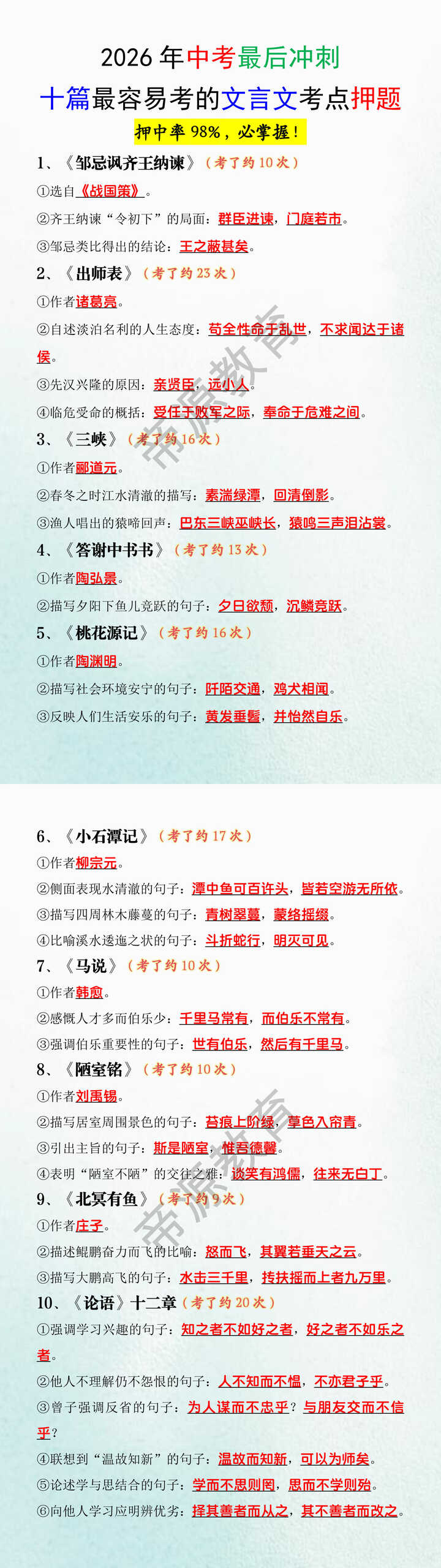2026年中考最后冲刺十篇最容易考的文言文考点押题