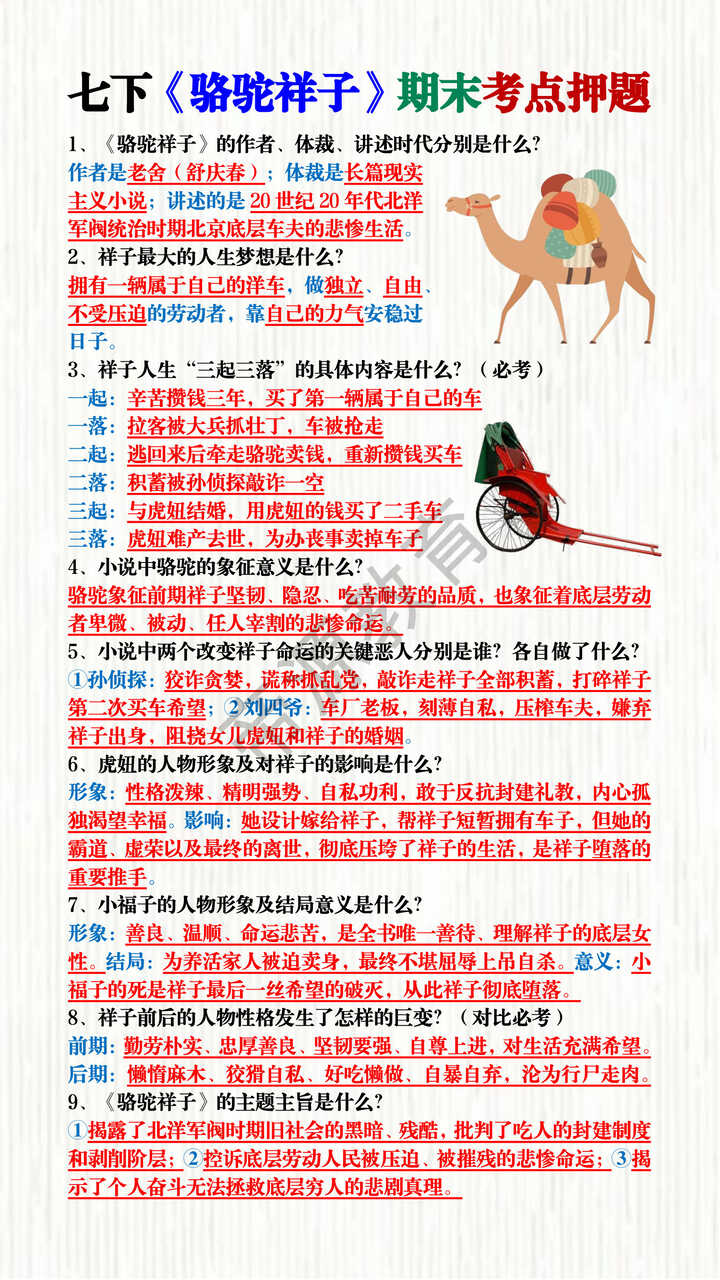 七下《骆驼祥子》期末考点押题