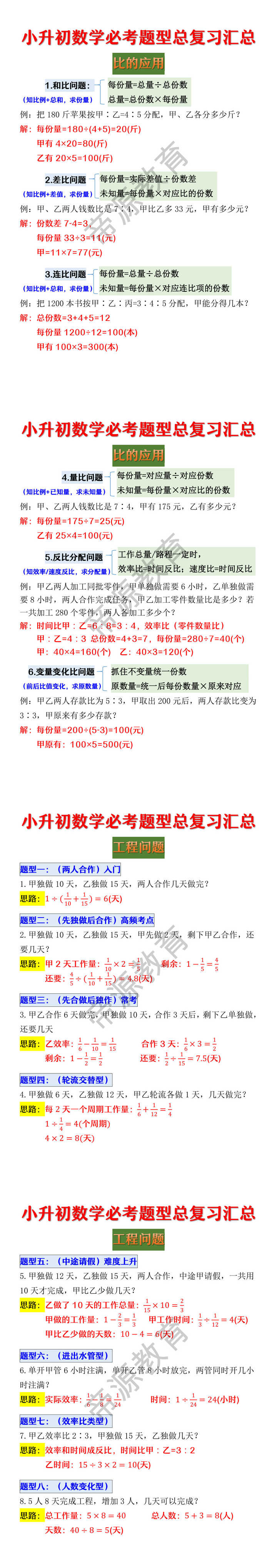 小升初数学必考题型总复习汇总 小升初数学必考题型总复习汇总