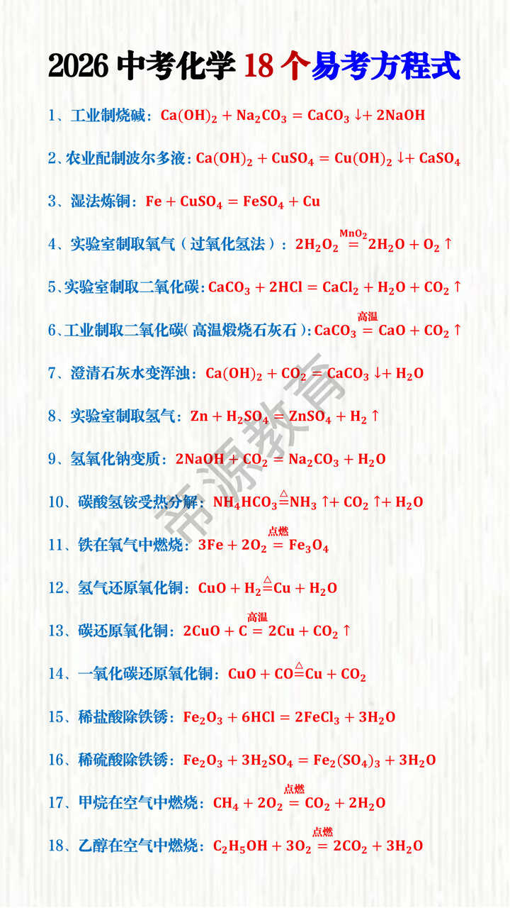 2026中考化学18个易考方程式