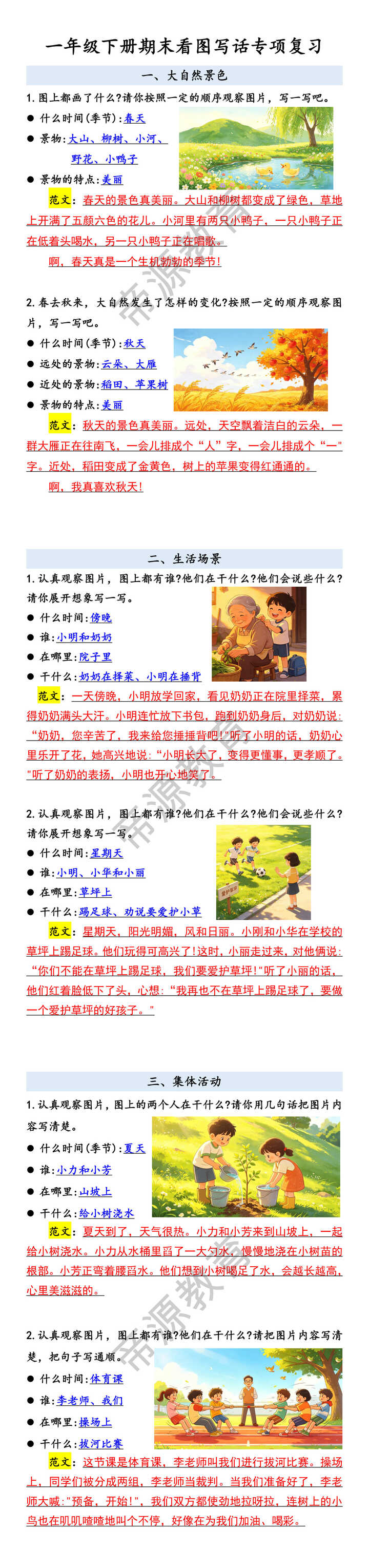 一年级下册期末看图写话专项复习
