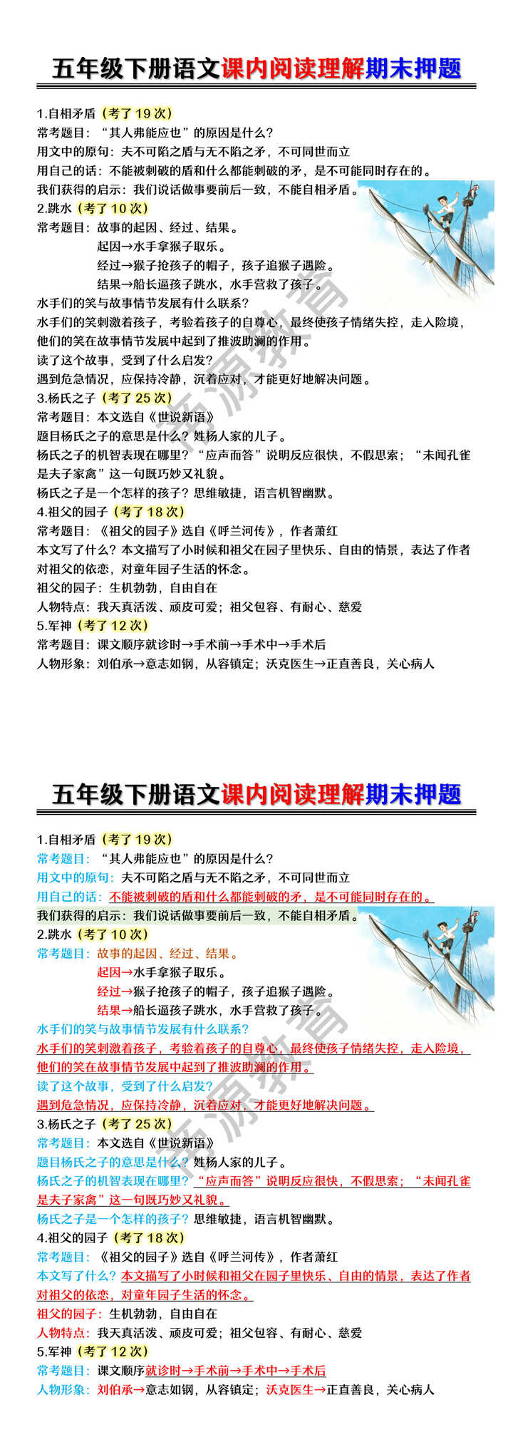 五年级下册语文课内阅读理解期末押题