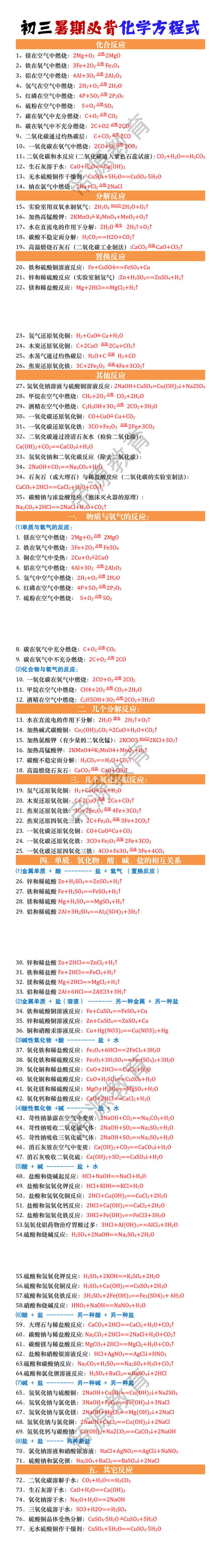 初三暑期必背化学方程式