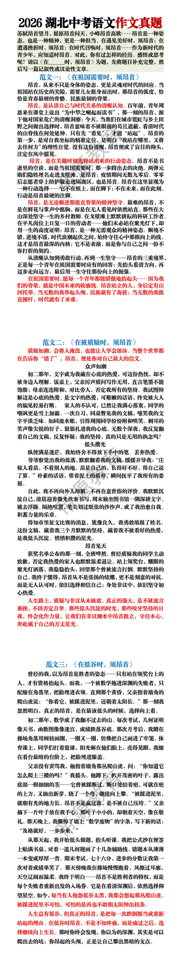 2026湖北中考语文作文真题范文《在___时，须昂首》