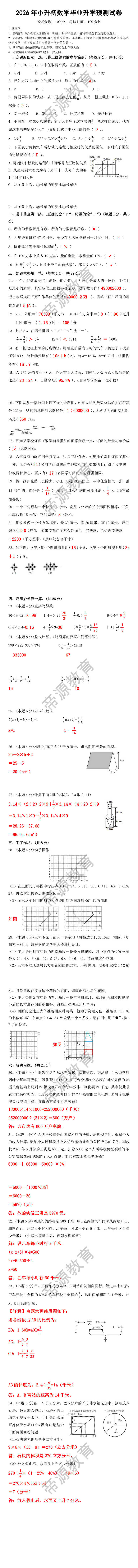 2026年小升初数学毕业升学预测试卷