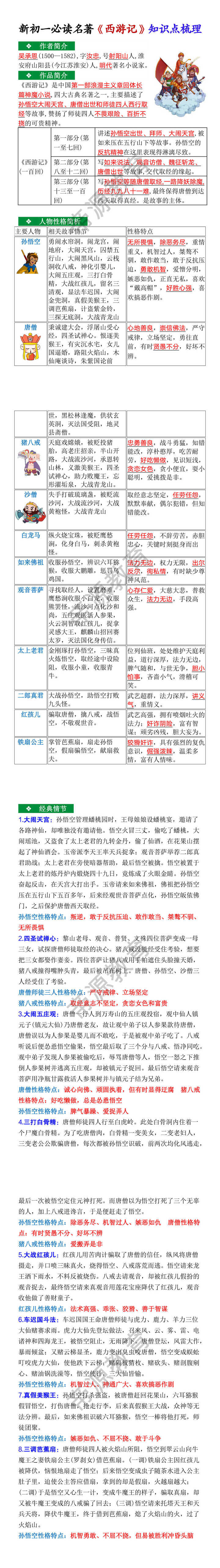 新初一必读名著《西游记》知识点梳理