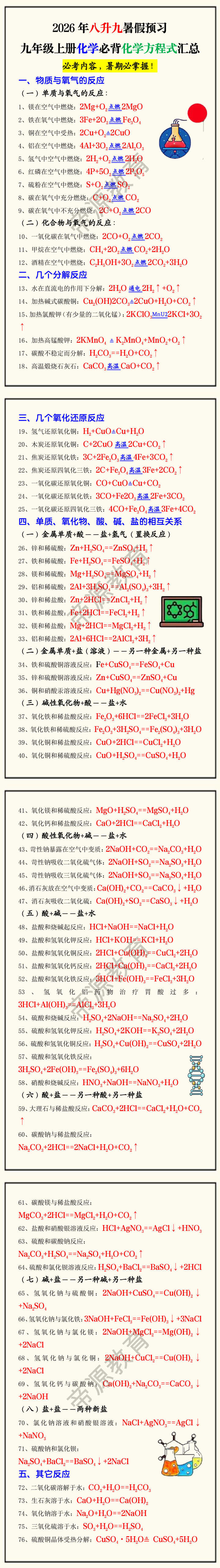 2026年八升九暑假预习九年级上册化学必背化学方程式汇总 2026年八升九暑假预习九年级上册化学必背化学方程式汇总