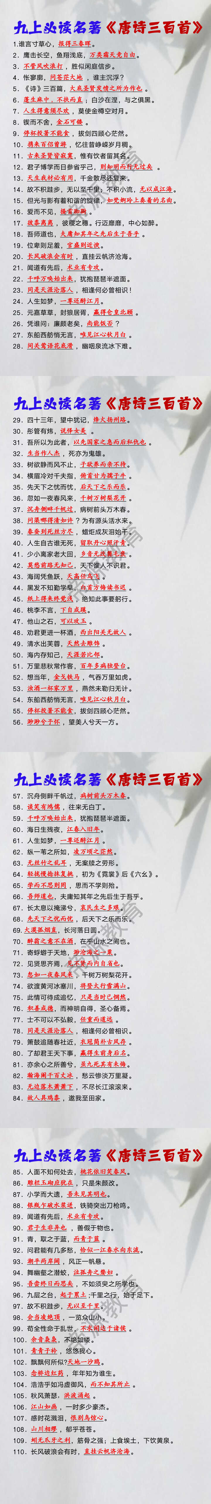 九上必读名著《唐诗三百首》名句默写110题