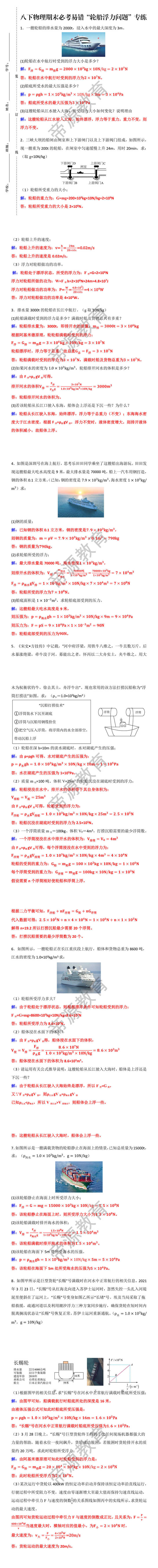八下物理期末必考易错“轮船浮力问题”专练