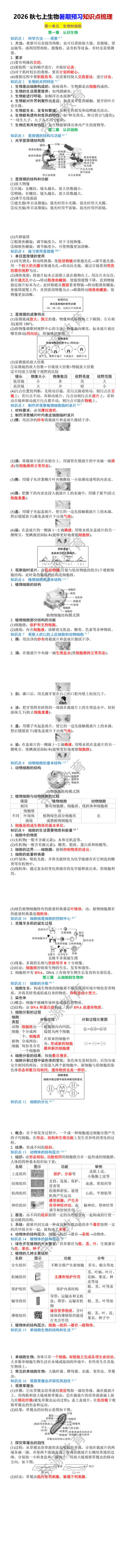 2026秋七上生物暑期预习《第一单元》知识点梳理