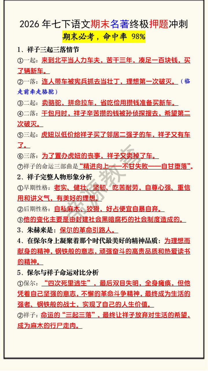 2026年七下语文期末名著终极押题冲刺