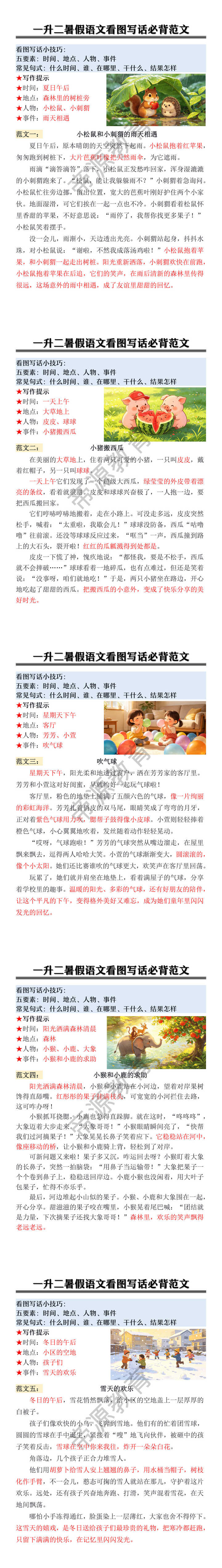 一升二暑假语文看图写话必背范文 一升二暑假语文看图写话必背范文