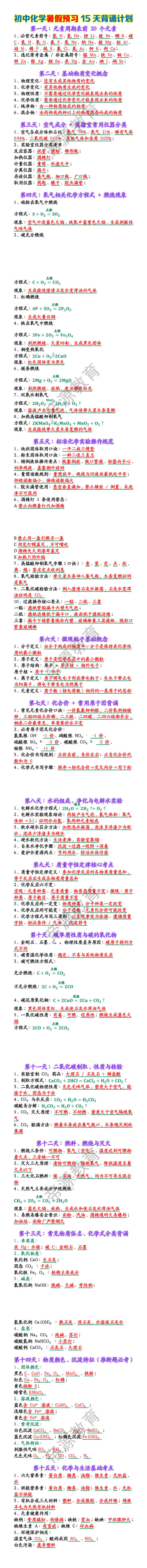 初中化学暑假预习15天背诵计划