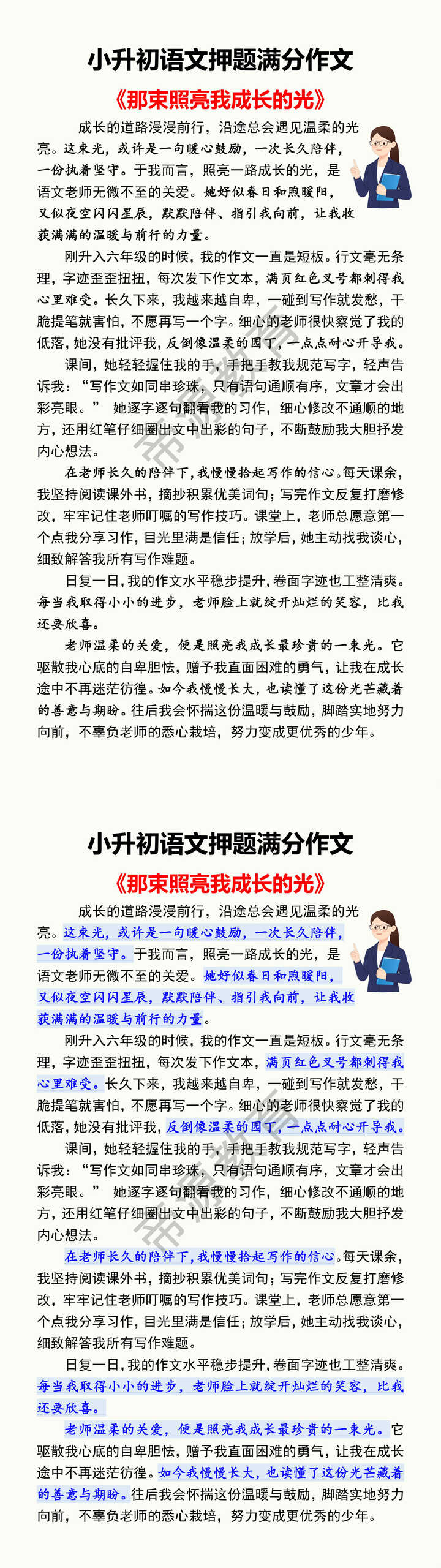 小升初语文押题满分作文 《那束照亮我成长的光》